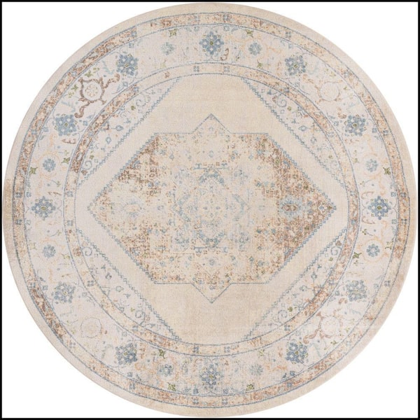 Nourison Astra Machine Washable Ivory Blue 8 ft. x 8 ft. Center medallion Traditional Round Area Rug