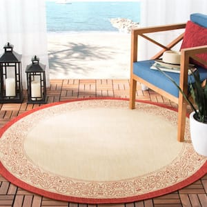 Courtyard Natural/Red 8 ft. x 8 ft. Round Border Indoor/Outdoor Patio  Area Rug