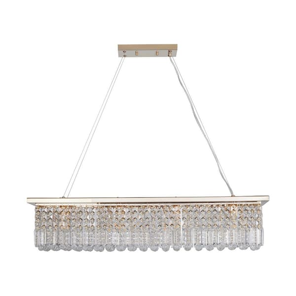Crysia 39 in. 8-Light Gold Linear Rectangular Crystal Chandelier for Kitchen Island Dining Room