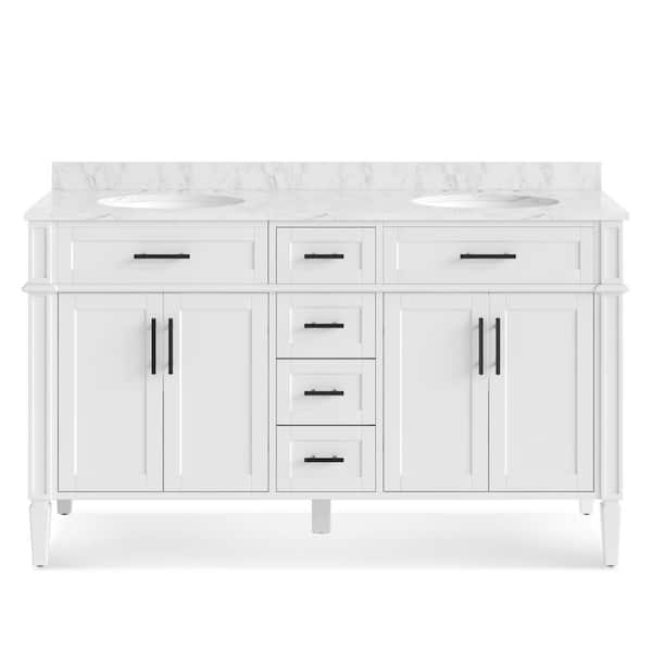 Hampton 60 in. W x 21.5 in. D x 35 in. H Double Sink Freestanding Bath Vanity in White with White Carrara Marble Top