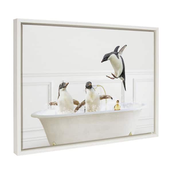 Kate and Laurel Penguins In Bubble Bath Neutral Style by Amy Peterson Framed Animal Canvas Wall Art Print 18.00 in. x 24.00 in.
