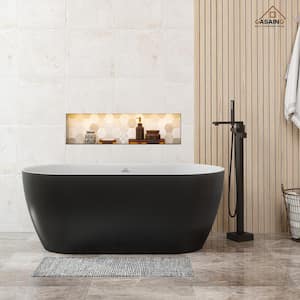 59 in. 30 in. Stone Resin Non-Whirlpool Soaking Bathtub in Matte Black Outside and White Inside with Matte Black Faucet