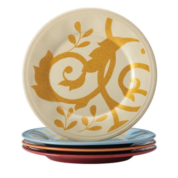 Rachael Ray Dinnerware Gold Scroll 4-Piece Round Appetizer Plate Set in Assorted