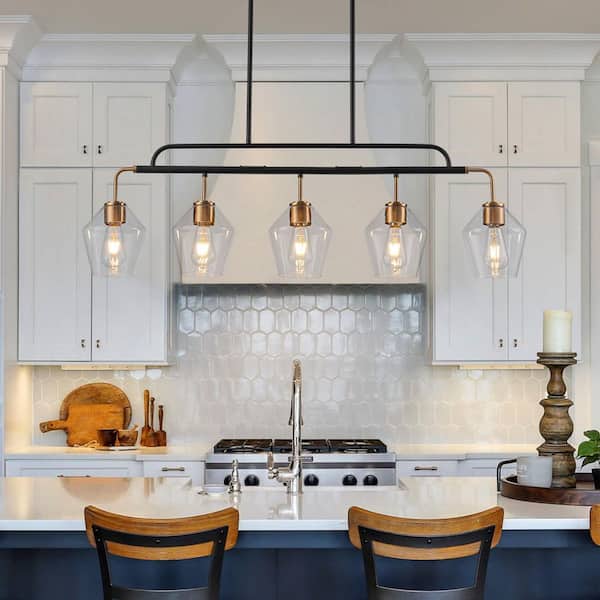 LLHZSY Dvorakova 43.98 in. 5-Light Black and Gold Kitchen Island Pendant with Rhomboid Glass Shades for Dining Room