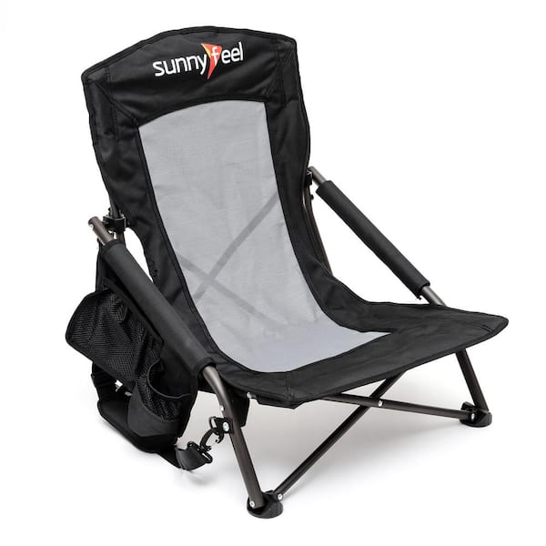 Clihome Outdoor Metal Frame Black Folding Beach Chair with Side Pocket