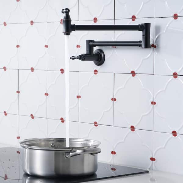 Brass Wall Mounted Pot Filler with 2 Handles and 2 Aerators in Oil Rubbed Bronze