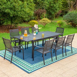 9-Piece Metal Outdoor Dining Set with Extensible Rectangular Carve Pattern Table and Stackable Chairs