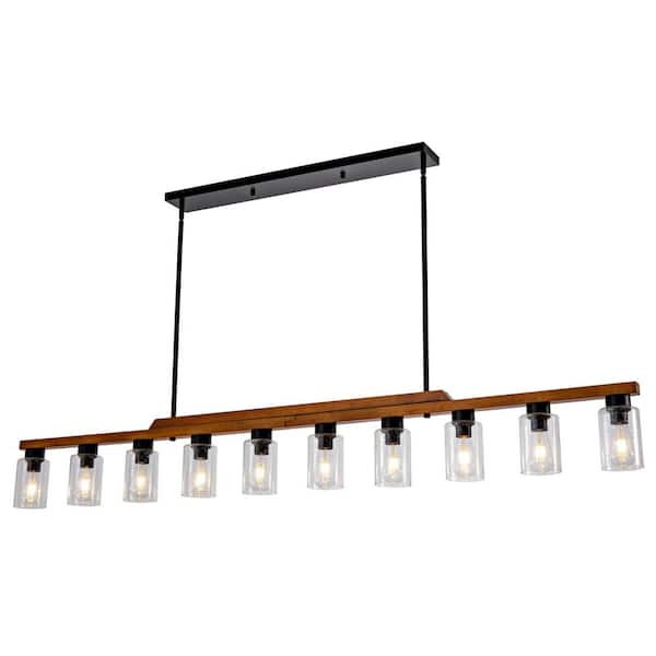 10-Light Rectangular Pendant-LightFarmhouse Black Chandelier with Seeded Glass Shade for Kitchen Island Dining