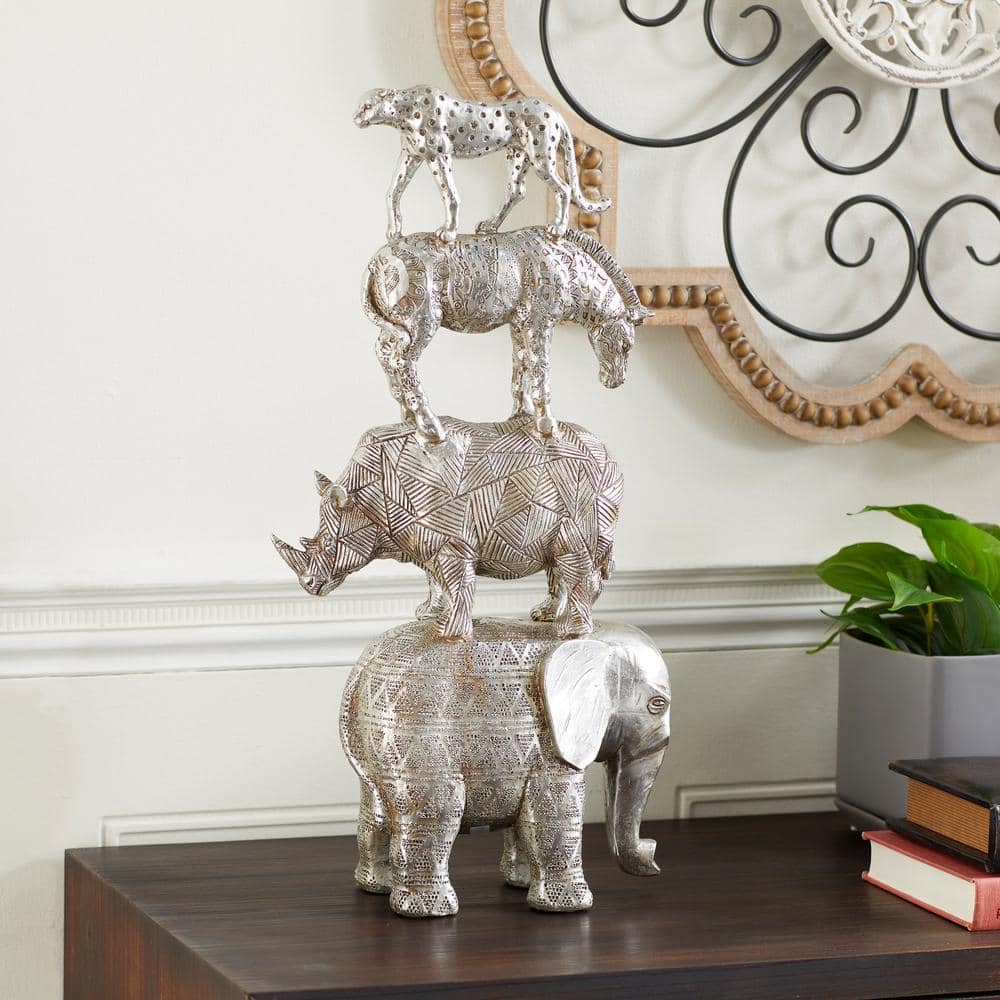 Elegant Nickel Finish Elephant Sculpture 10"x20" Art Deco Accent
