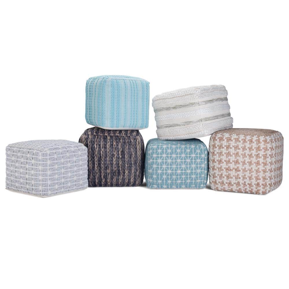 Noreen Light Blue and White Handloom Woven Square Pouf