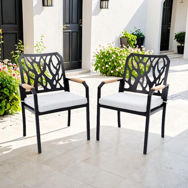Outdoor Patio K/D Aluminum Stationary Dining Chairs 2PCS with Outdoor-grade Sunbrella Fabric Cushions Bourbon Brown