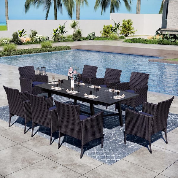 PHI VILLA Black 9-Piece Metal Patio Outdoor Dining Set with Slat Extendable Table and Rattan Chairs with Blue Cushion