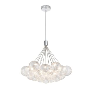 Neuvy 19-Light Polished Chrome Cluster Pendant Chandelier with Twisted Texture Water Clear Glass Balls for Dining Room