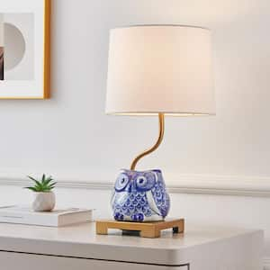 18.12 in. Gold with Blue Owl Ceramic Table Lamp with White Shade