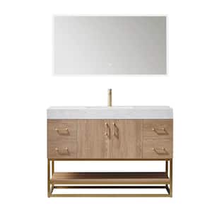Alistair 48 in. Bath Vanity in North American Oak with Grain Stone Top in White with White Basin and Mirror