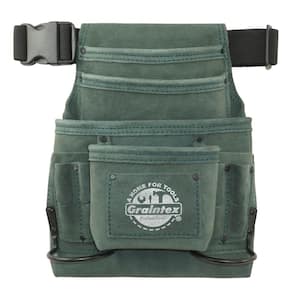 10-Pocket Nail and Tool Pouch with Belt Hunter Green Suede Leather w/2 Hammer Holders