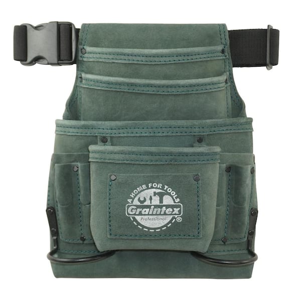 Graintex 10-Pocket Nail and Tool Pouch with Belt Hunter Green Suede Leather w/2 Hammer Holders