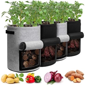 10 Gal. Grey and Black Potato Grow Bags with Flap Lid, with Handles and Harvest Window (4-Pack)