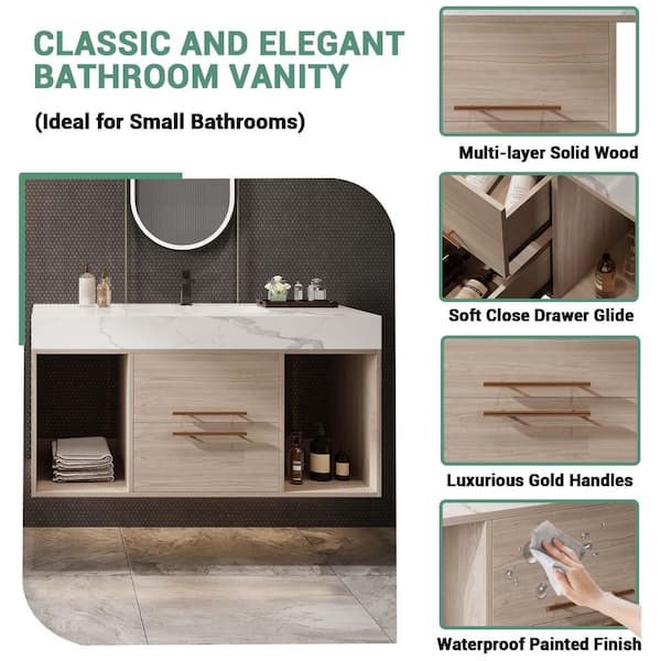 39.4 in. Wall Mounted Single Sink Light Oak Bath Vanity with White Sintered Stone Top Requires Assembly