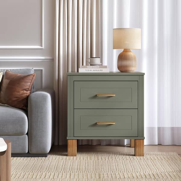 Preston Olive 20.47 in. W 2 Drawer Nightstand with Metal Handle and Elegant Fluted Design