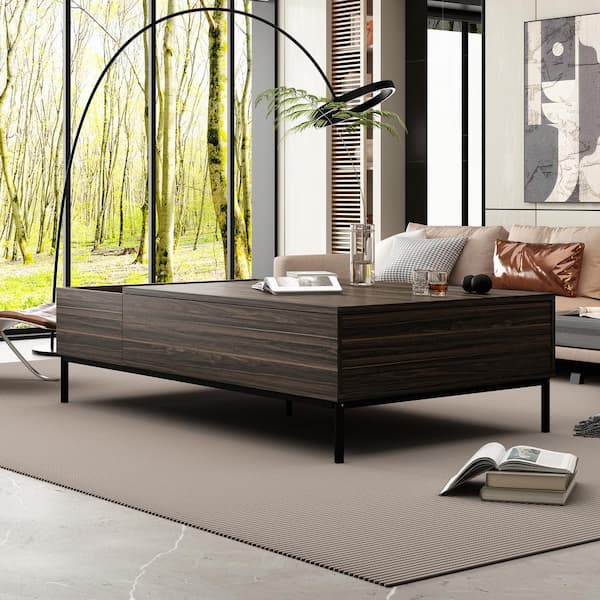 FUFU&GAGA 55.1 in. Width Dark Brown Wood Grain Rectangle Wooden Nesting End Table with 3 Open Shelf, Hidden Storage & Raisable Top