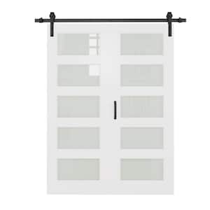 60 in. x 80 in. 5 Lite Tempered Frosted Glass White Primed Bifold Sliding Barn Door with Hardware Kit