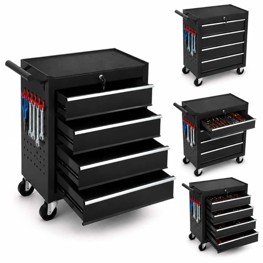 "24""×13""×29"" Black Cold Rolled Steel Heavy-Duty Lockable Rolling Tool Cart with 4 Drawers, Casters & Drawer Liners" price history on PriceWatchPro