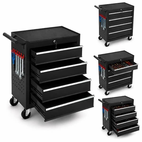Rolling Tool Chest Cart, 24 Inch, 4-Drawer Lockable Storage Cabinet With Wheels & Drawer Liners For Garage Workshop