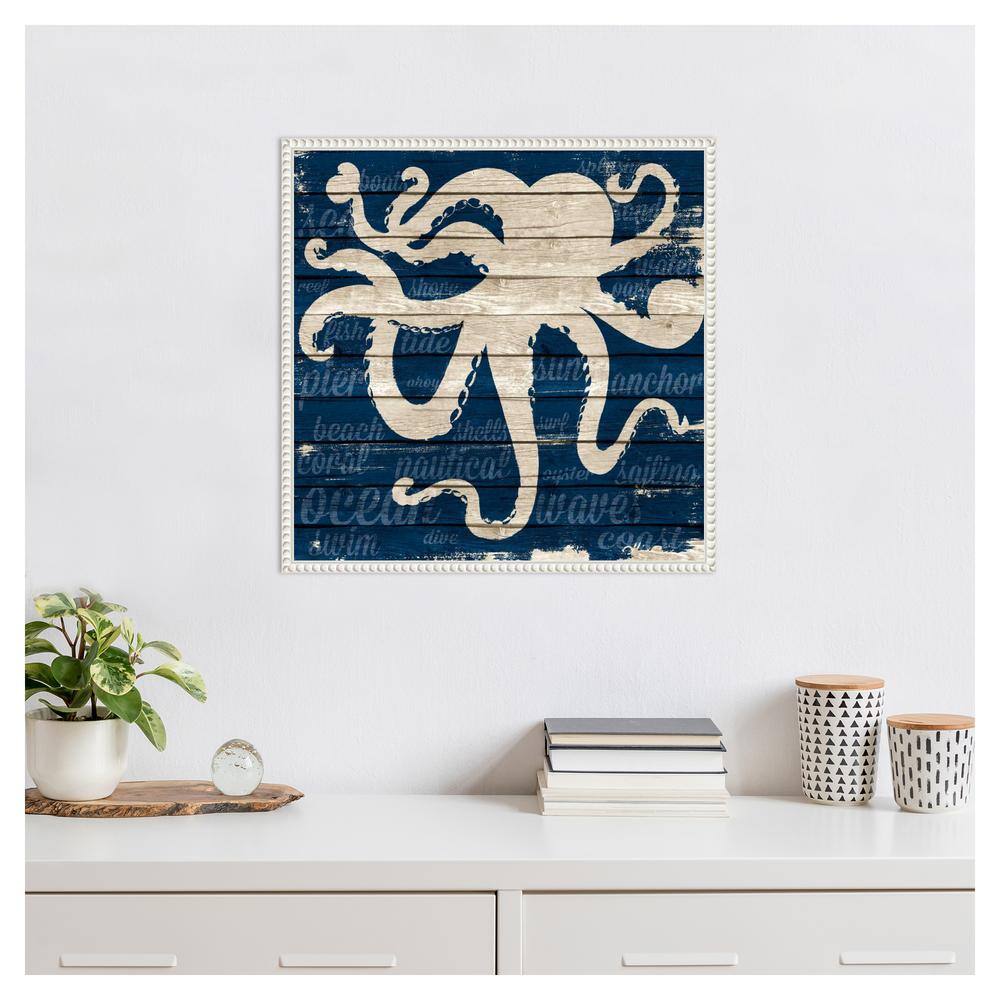 22"x22" Coastal Nautical Octopus Canvas Wall Art in Blue and Beige