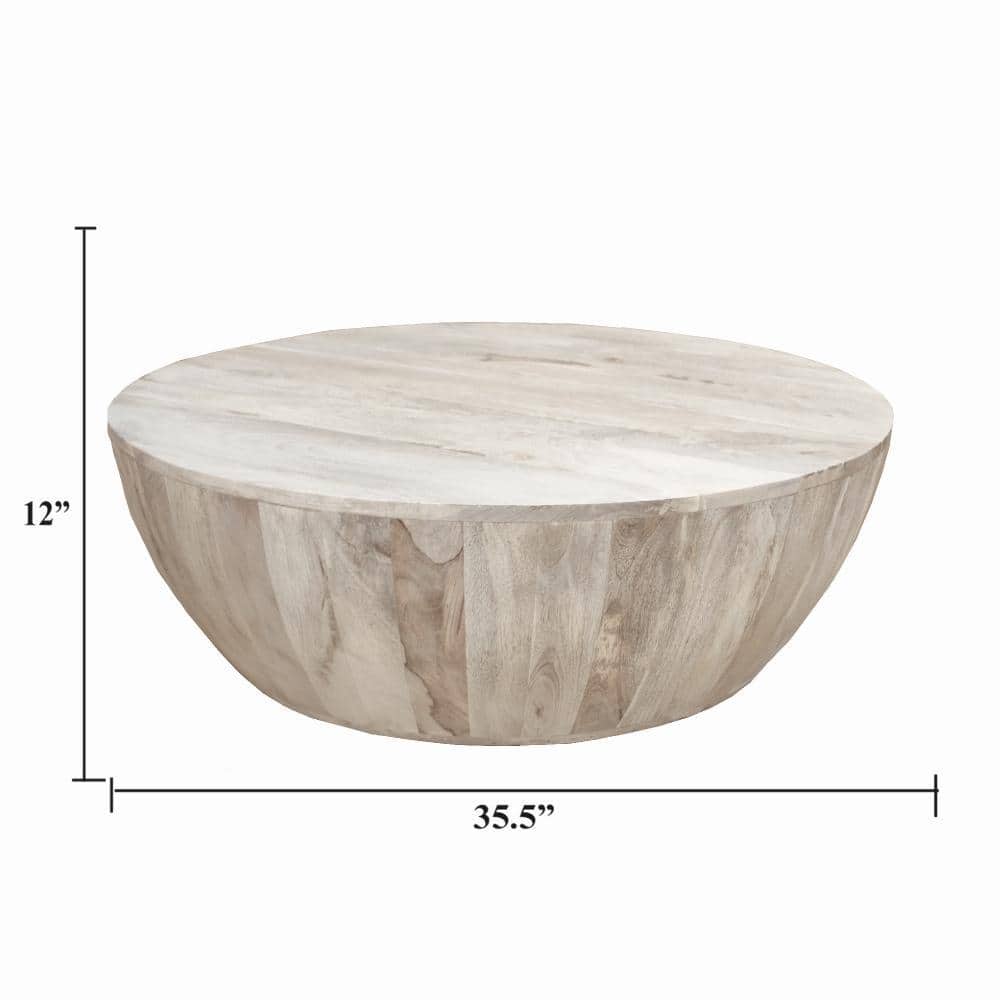 35.5" Round Washed Light Brown Mango Wood Outdoor Coffee Table