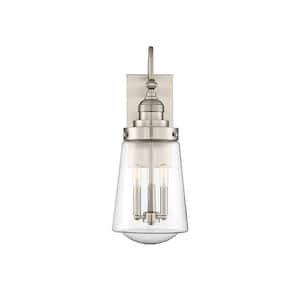 Macauley 9.13 in. W x 23.5 in. H 3-Light Satin Nickel Outdoor Wall Lantern Sconce with Clear Glass Shade