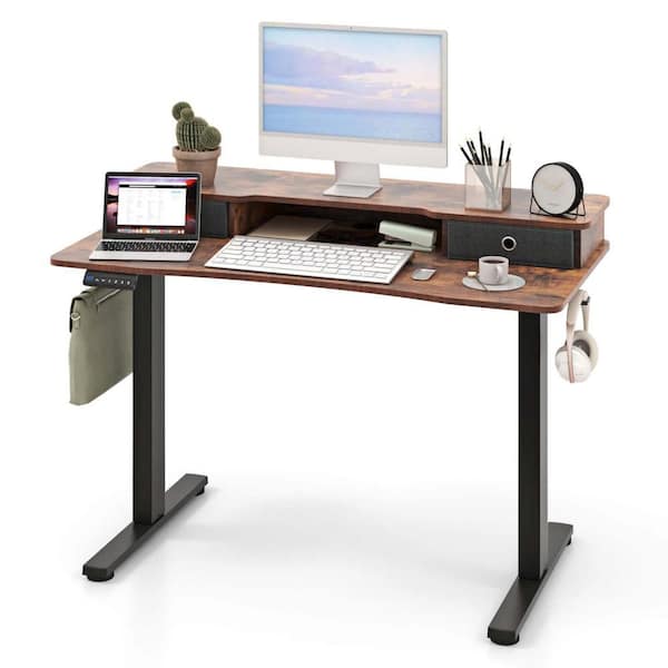 48 in. Brown Wood 2-Drawer Electric Standing Desk with Monitor Stand Storage Shelf