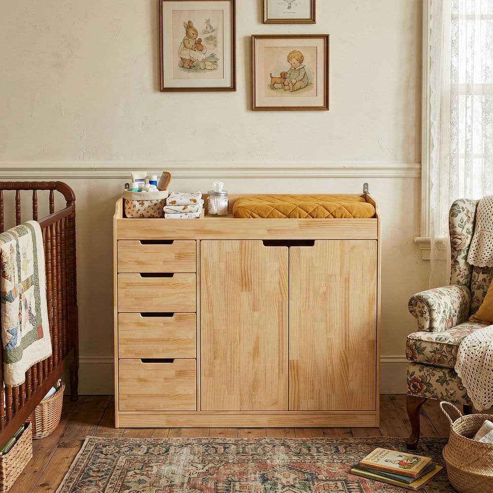 Natural Changing Table with 4 Drawers, 2-Door Cabinet, Divided Top Storage, Pine Solid Wood Construction
