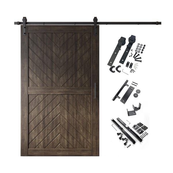 JT4 42 in. x 80 in. C-Panel Ebony Fishbone Design Solid Pine Wood Sliding Barn Door with Hardware Kit
