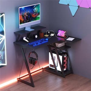 42.5 in. L-Shaped Black Wood Desk with Outlets and USB Ports Monitor Shelf Headphone Hook