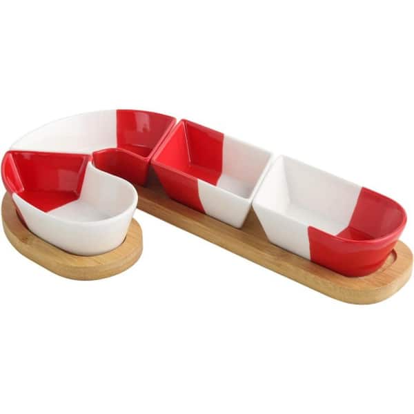 12 in. Red and White Ceramic Christmas Serving Platter Cane Shape Snack Tray with Wooden Plates for Christmas Decor