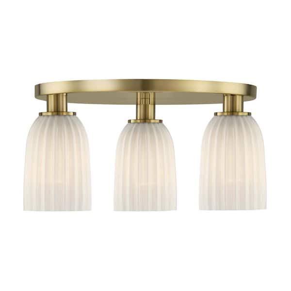 Baldwin 18 in. W x 8.13 in. H 3-Light Noble Brass Transitional Flush Mount with White Opal Ribbed Shades
