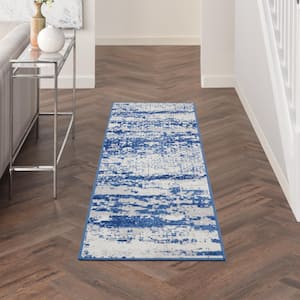Whimsicle Ivory Navy 2 ft. x 6 ft. Abstract Contemporary Kitchen Runner Area Rug