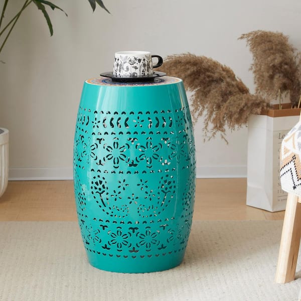 Noble House Rista Teal Iron Outdoor Patio and Indoor Side Table with Mosaic Top Design