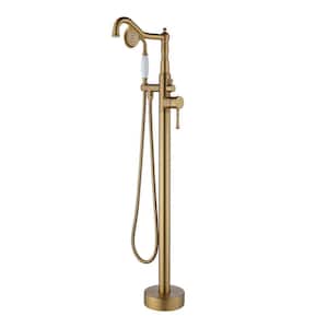 Singe-Handle Freestanding Floor Mount Tub Faucet with Hand Shower in Brushed Gold