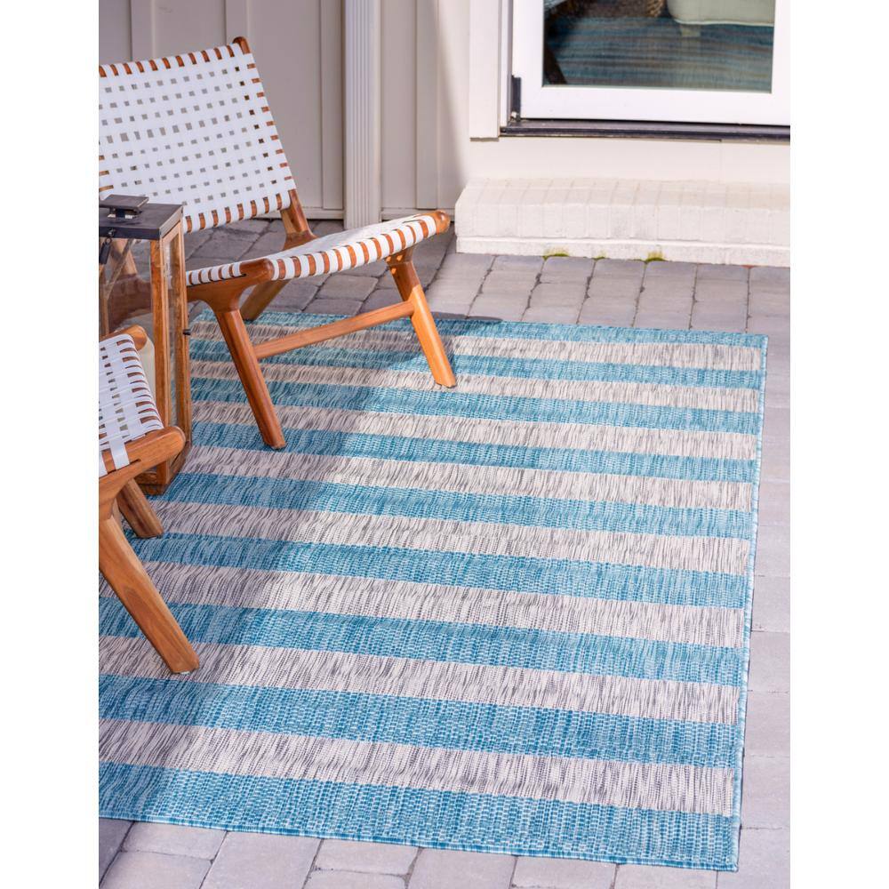 Aqua Blue and Ivory Stripe 6' x 9' Easy-Care Outdoor Rug