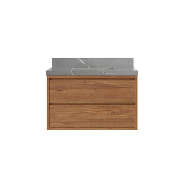 Willow Collections Madison Float 36 in. W x 22 in. D x 36 in. H Bathroom Vanity Center Sink in Dark Natural with 2 in. Piatra Gray Qt. Top