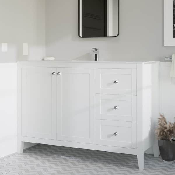 Swiss Madison Cannes 48 in. Single, 2 Doors, 3 Drawers, Bathroom Vanity in White with White Countertop with White Basin