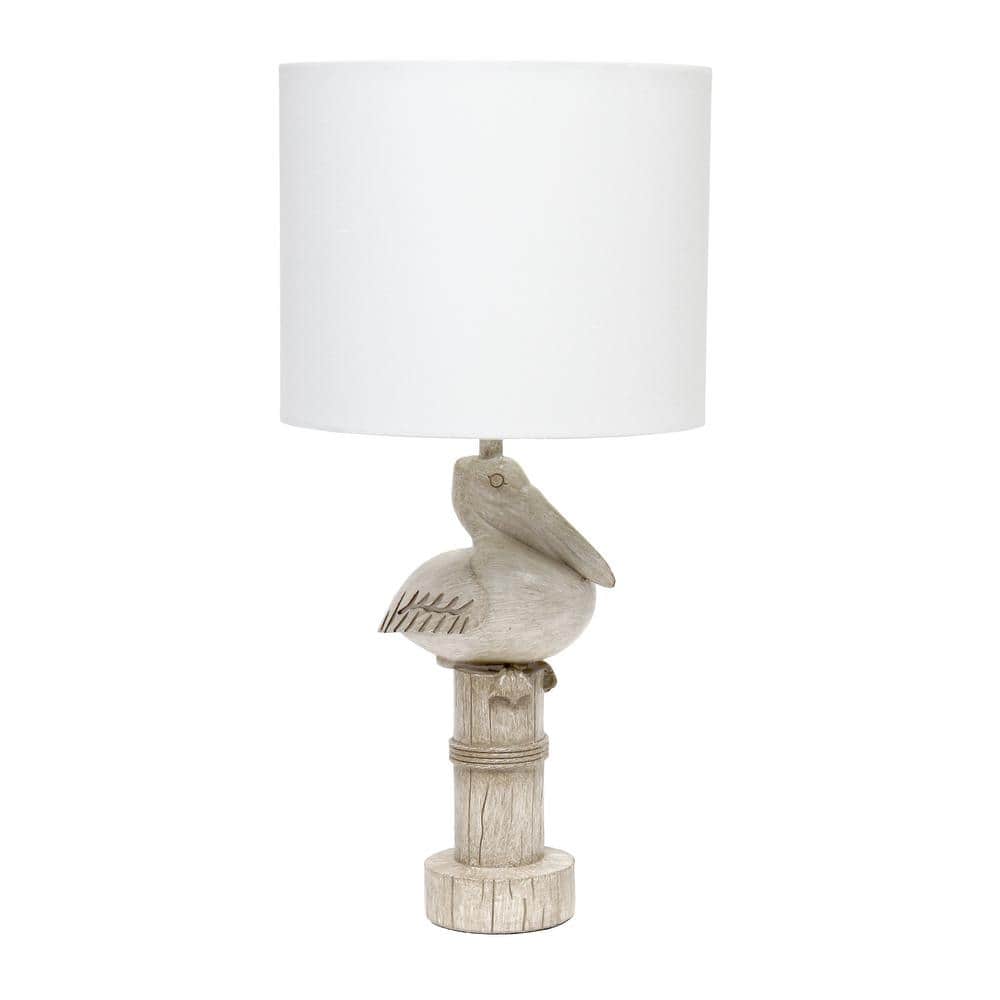 Beige Wash Pelican Table Lamp with White Drum Shade