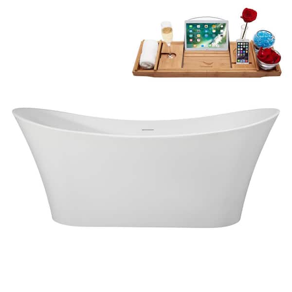 Streamline 67 in. x 31 in. Acrylic Freestanding Soaking Bathtub in Matte White With Brushed Gold Drain, Bamboo Tray