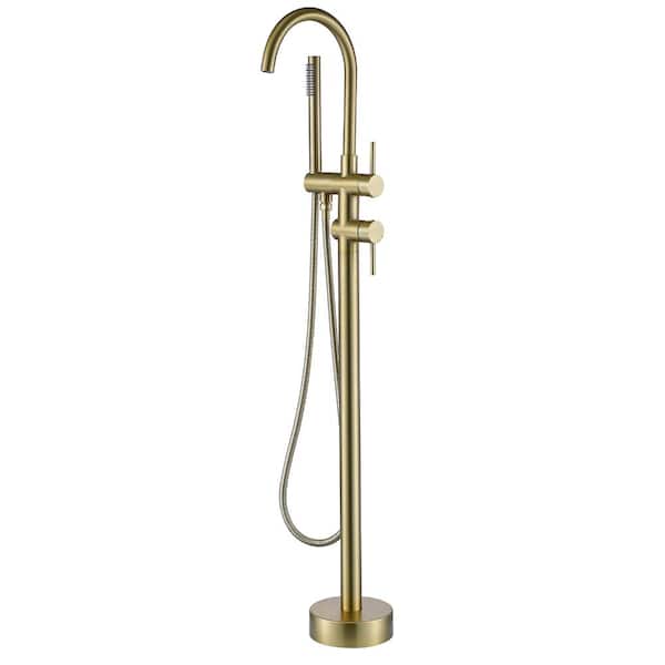 1-Handle Freestanding Floor Mount Tub Faucet Bathtub Filler with Hand Shower in Brushed Gold