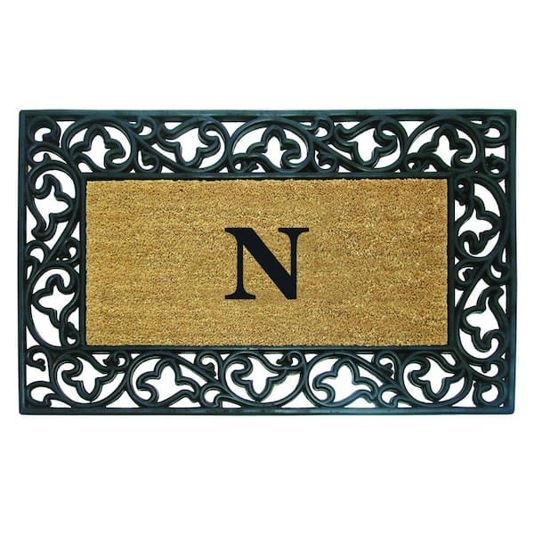 Nedia Home Acanthus Border 30 in. x 48 in. Rubber Coir Monogrammed N Door Mat