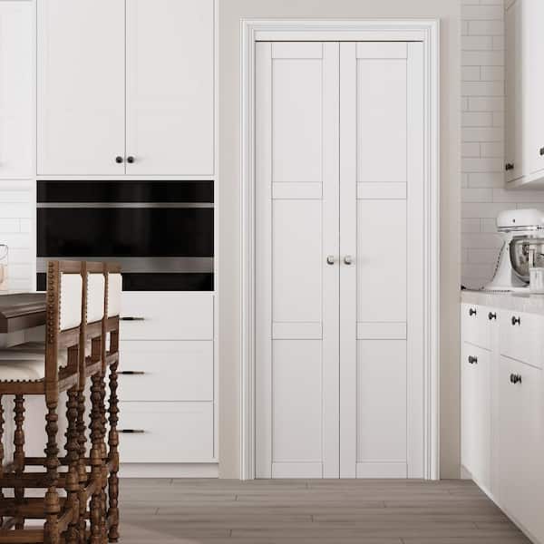 30 in. x 96 in. 3-Lite Solid Core Panel White Primed Composite (Pivot French) Bi-Fold Door with 2-Types of Hardware