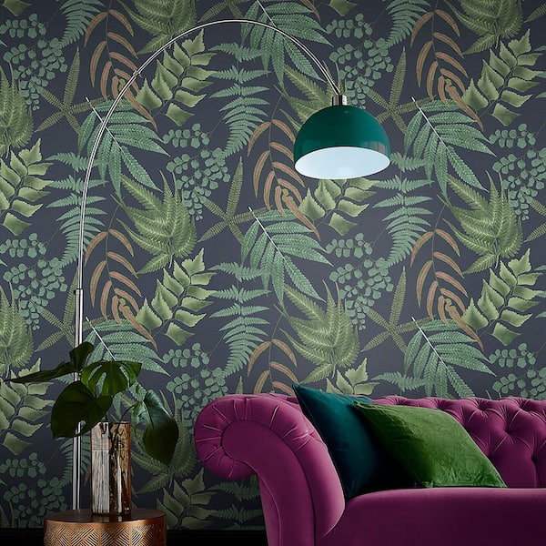 Midsummer Fern Navy Blue and Green Tropical Leaves Paste the Wall Wallpaper