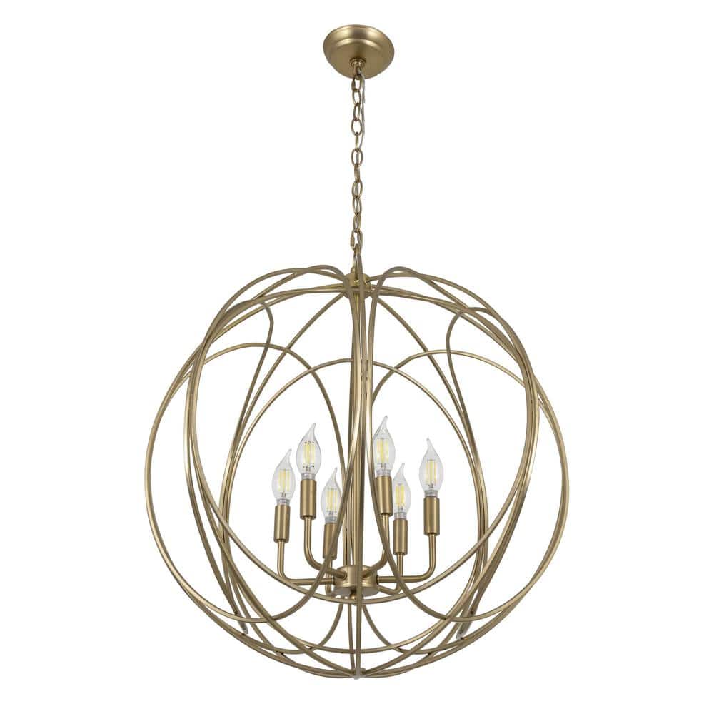 Satin Brass 6-Light Globe Chandelier with Adjustable Height